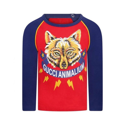 Gucci Red Wolf Animalium Print Long Sleeve Baseball Top Consignment Shop Kids Boys From Runway With Love