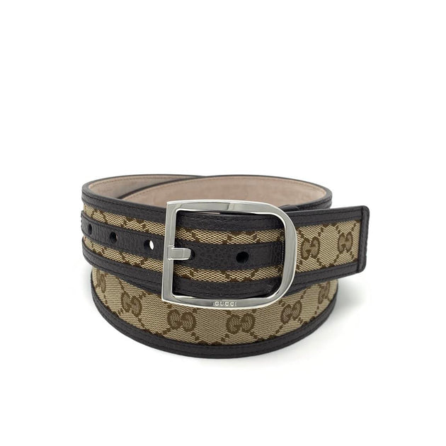 Gucci Guccisssima Brown and Beige Canvas Leather Trim Belt Size 95