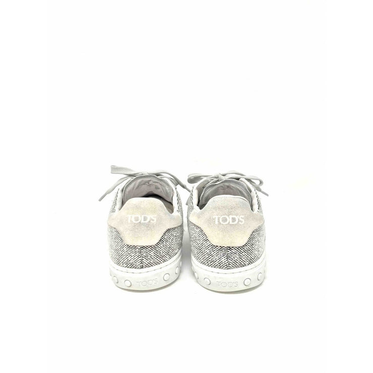 Tods sneakers off white black gray tweed suede