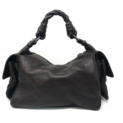Bottega Veneta Cervo Cocker Satchel in brown leather with a beige ultra suede lining and thick braided handle. 