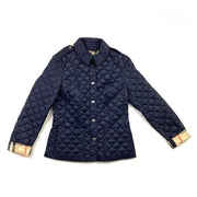 Burberry Quilted Collared Jacket nova check navy blue beige consignment shop From Runway With Love