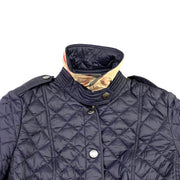 Burberry Quilted Collared Jacket nova check navy blue beige consignment shop From Runway With Love