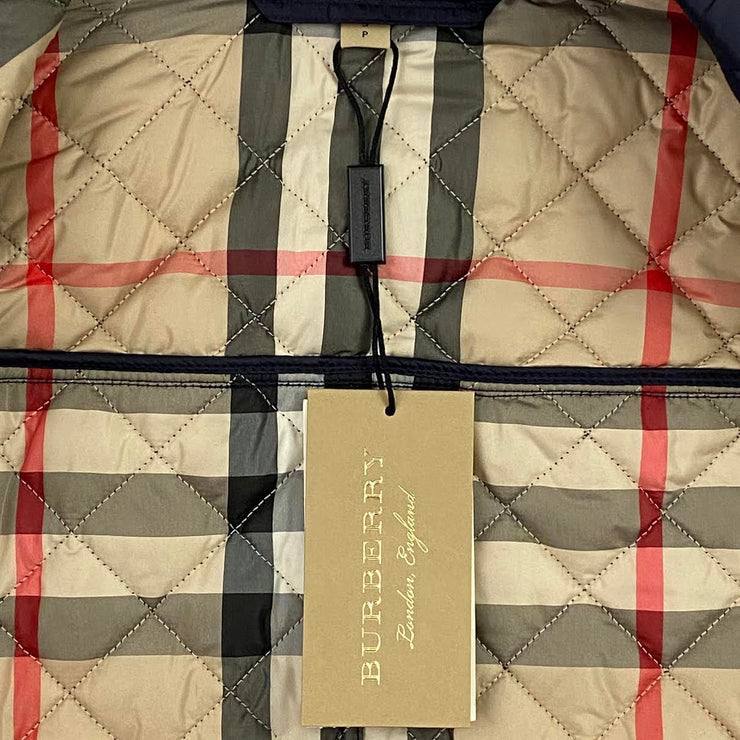 Burberry Quilted Collared Jacket nova check navy blue beige consignment shop From Runway With Love
