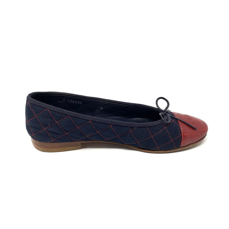 Chanel Cap-Toe Ballet Flats Blue Red Leather Denim Consignment Shop From Runway With Love