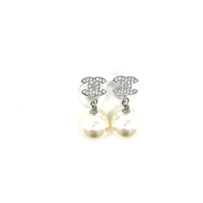 Chanel Faux Pearl Strass CC Drop Earrings Silver Consignment Shop From Runway With Love