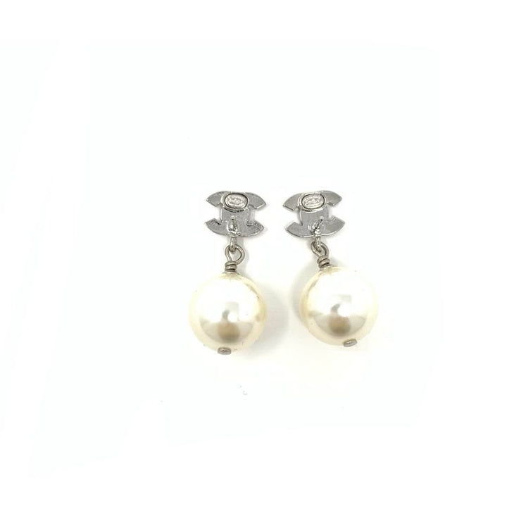 Chanel Imitation Pearl, Strass, And Enamel Flower CC Drop Earrings