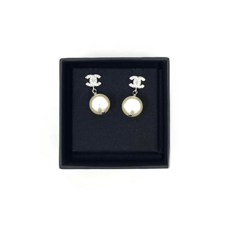 Chanel Faux Pearl Strass CC Drop Earrings Silver Consignment Shop From Runway With Love