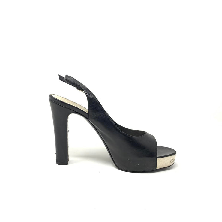 Chanel Leather Slingback Heels Black Silver Toe Consignment Shop From Runway With Love