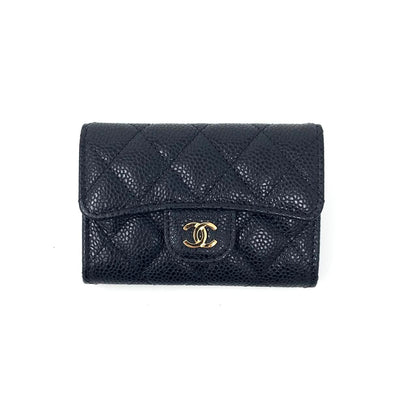 Chanel Quilted CC Card Holder Black Caviar Leather Gold Consignment Shop From Runway With Love
