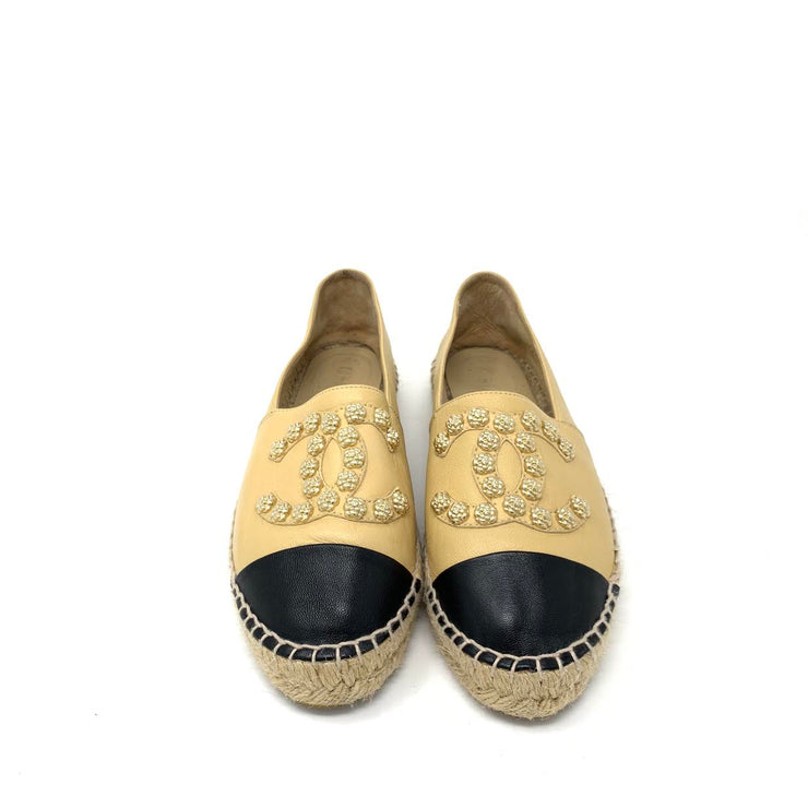 Chanel Espadrilles with gold camellia  Embellishment Designer Consignment From Runway With Love 