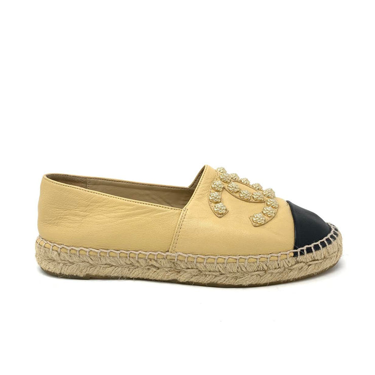 Chanel Espadrilles with gold camellia  Embellishment Designer Consignment From Runway With Love 