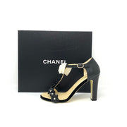 Chanel high heeled T-strap sandals leather camelia detail with pearls white  bow 