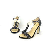 Chanel high heeled T-strap sandals leather camelia detail with pearls white  bow 
