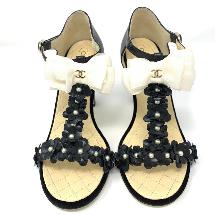 Chanel high heeled T-strap sandals leather camelia detail with pearls white  bow 