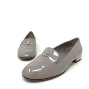 Gray Chanel patent leather loafers with pearl 
