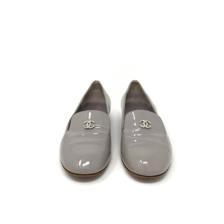 Gray Chanel patent leather loafers with pearl 