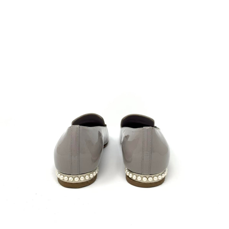 Gray Chanel patent leather loafers with pearl 