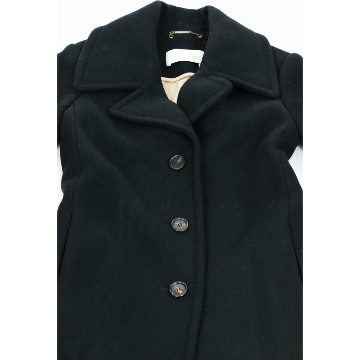 Black Chloé wool coat peaked lapels, detachable leather belt 