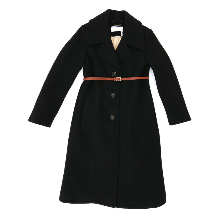 Black Chloé wool coat peaked lapels, detachable leather belt 