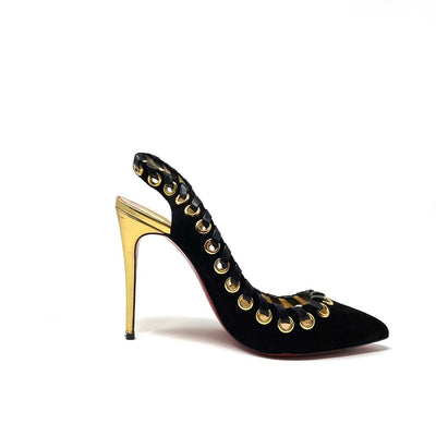 Christian Louboutin Ostri Slingback Pumps Black Gold Suede Consignment Shop From Runway With Love