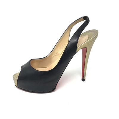 Black leather Christian Louboutin peep-toe platform slingback pumps 