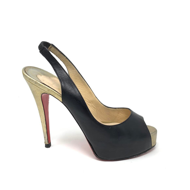Black leather Christian Louboutin peep-toe platform slingback pumps 