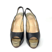 Black leather Christian Louboutin peep-toe platform slingback pumps 
