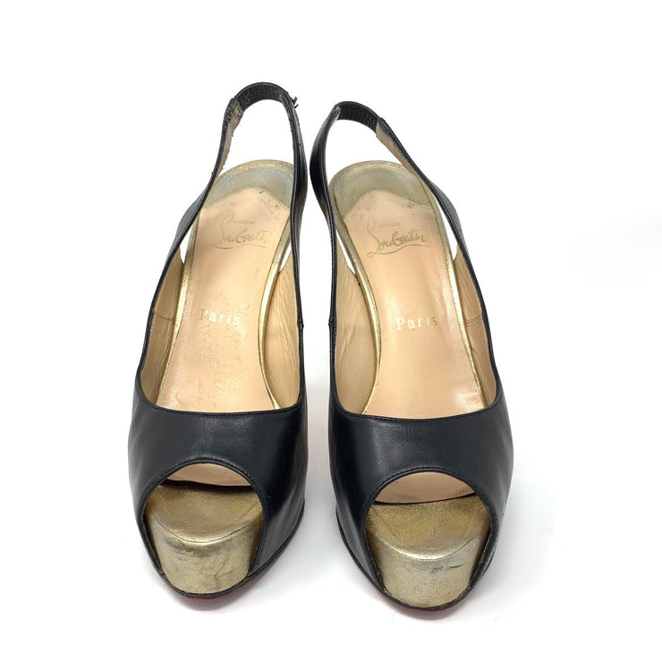 Black leather Christian Louboutin peep-toe platform slingback pumps 