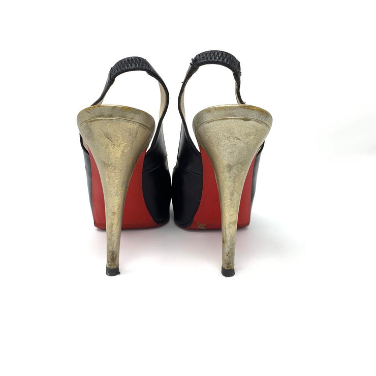 Black leather Christian Louboutin peep-toe platform slingback pumps 