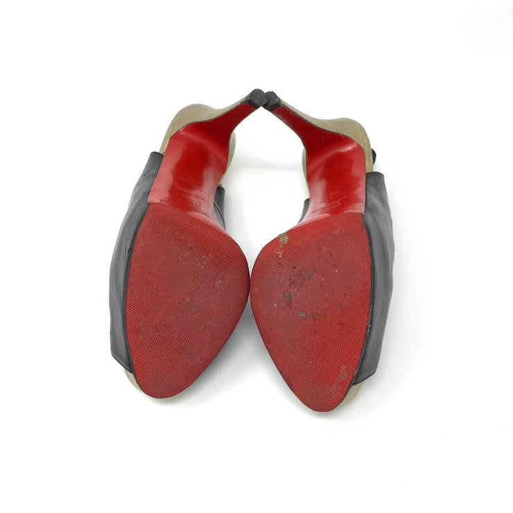 Black leather Christian Louboutin peep-toe platform slingback pumps 