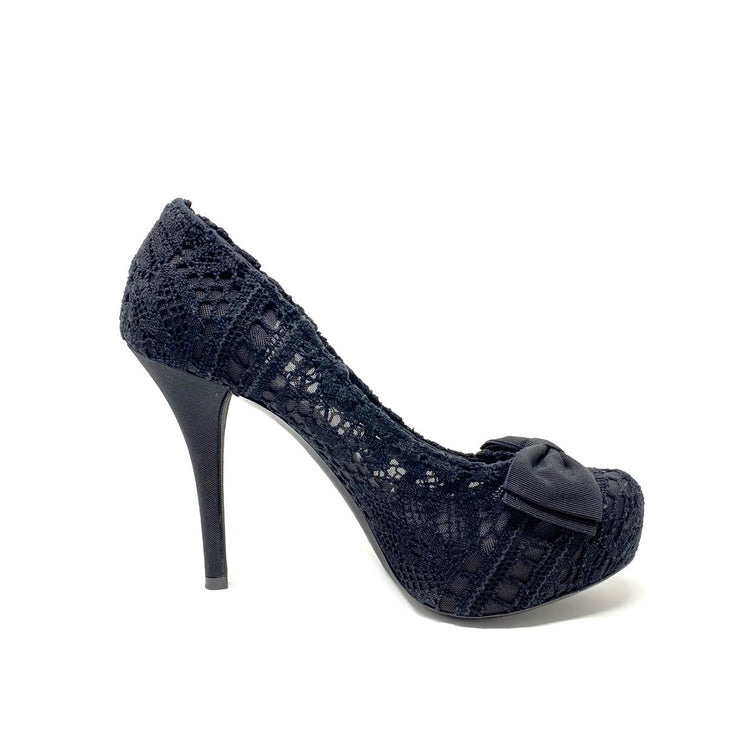 Dolce & Gabbana Lace Platform Pumps Bow grosgrain Black Designer Consignment Shop From Runway With Love 