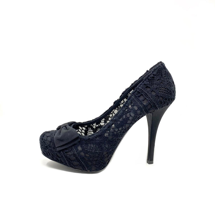 Dolce & Gabbana Lace Platform Pumps Bow grosgrain Black Designer Consignment Shop From Runway With Love 
