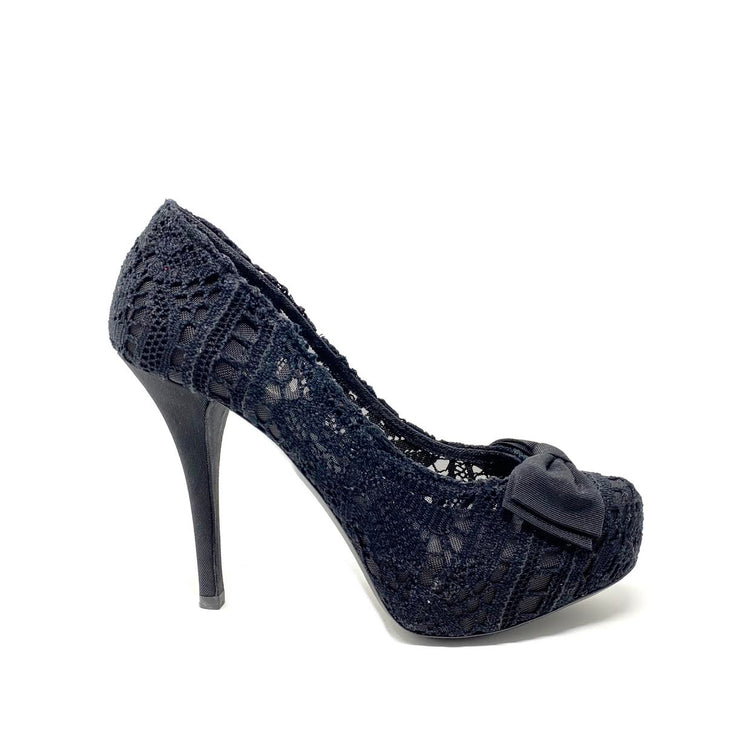 Dolce & Gabbana Lace Platform Pumps Bow grosgrain Black Designer Consignment Shop From Runway With Love 