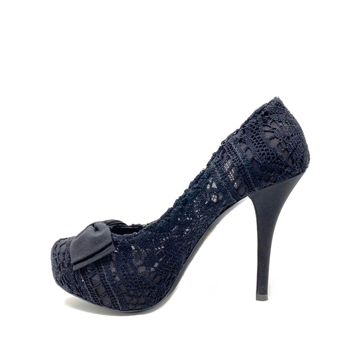 Dolce & Gabbana Lace Platform Pumps Bow grosgrain Black Designer Consignment Shop From Runway With Love 