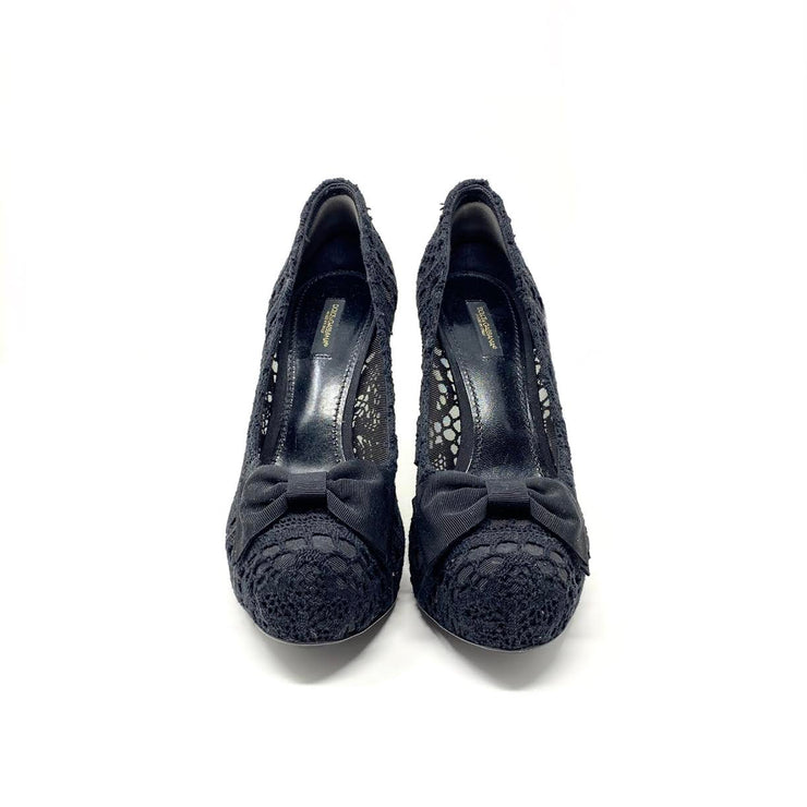 Dolce & Gabbana Lace Platform Pumps Bow grosgrain Black Designer Consignment Shop From Runway With Love 