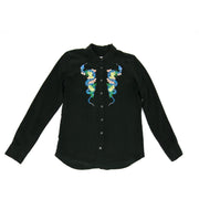 Equipment silk button down blouse with embroidered snake and floral detail 