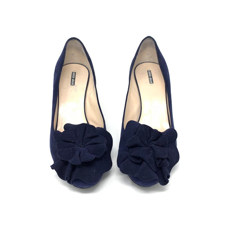 Giorgio Armani Blue Suede Heels designer consignment From Runway With Love Cancer research Charity donation