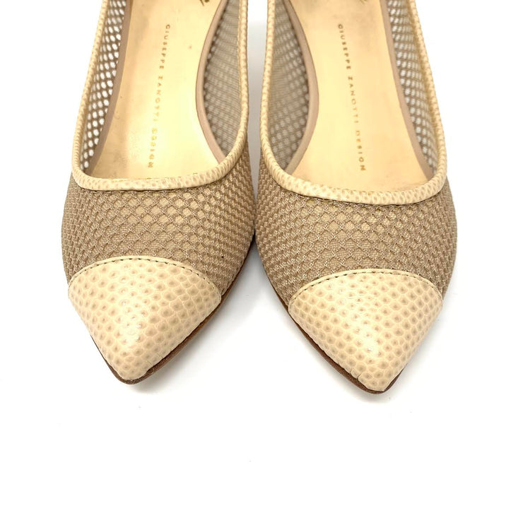 Giuseppe Zanotti Beige Mesh Leather Heels designer consignment From Runway With Love Cancer research Charity donation