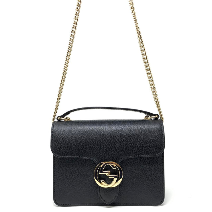 Gucci Interlocking GG Shoulder Bag Black Leather Silver Consignment Shop From Runway With Love