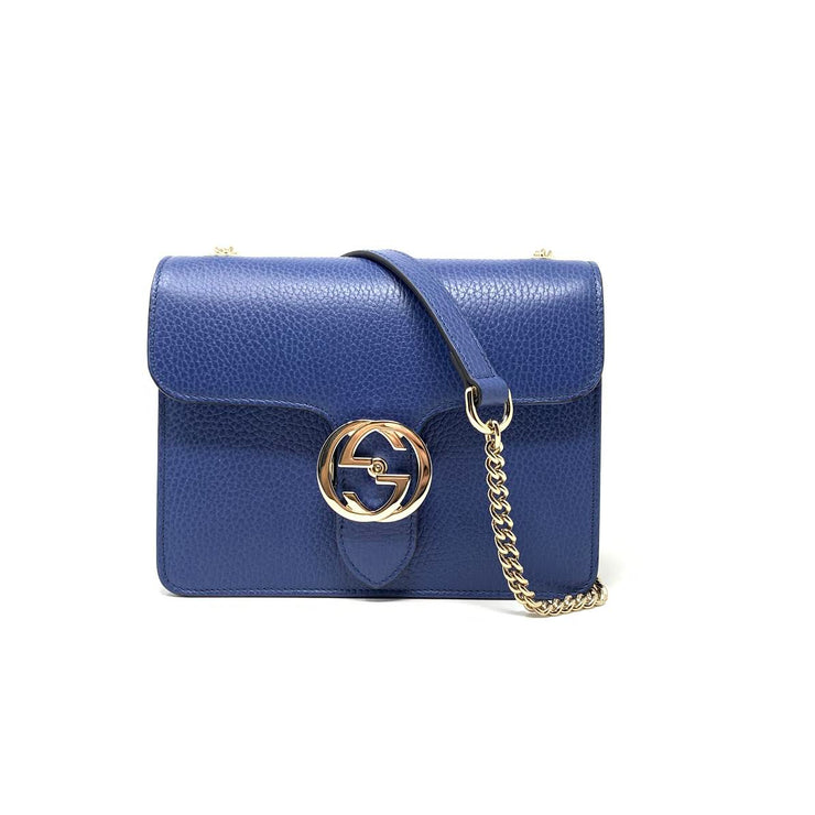 Gucci Interlocking GG Shoulder Bag Leather Blue Consignment Shop From Runway With Love