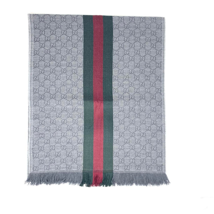 Gucci Wool Silk Scarf Gray Red Green GG Print Consignment Shop From Runway With Love