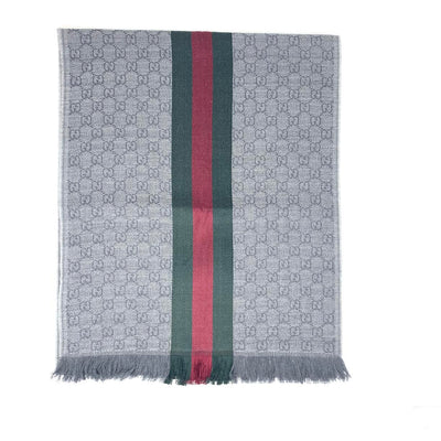 Gucci Wool Silk Scarf Gray Red Green GG Print Consignment Shop From Runway With Love