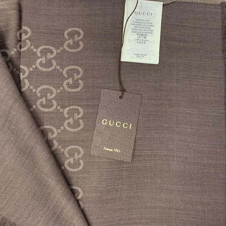 Gucci Wool-Silk Scarf Frayed edges Brown GG Print Consignment Shop From Runway With Love