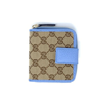 Gucci GG Canvas Compact Wallet Brown Blue Designer Consignment From Runway With Love 