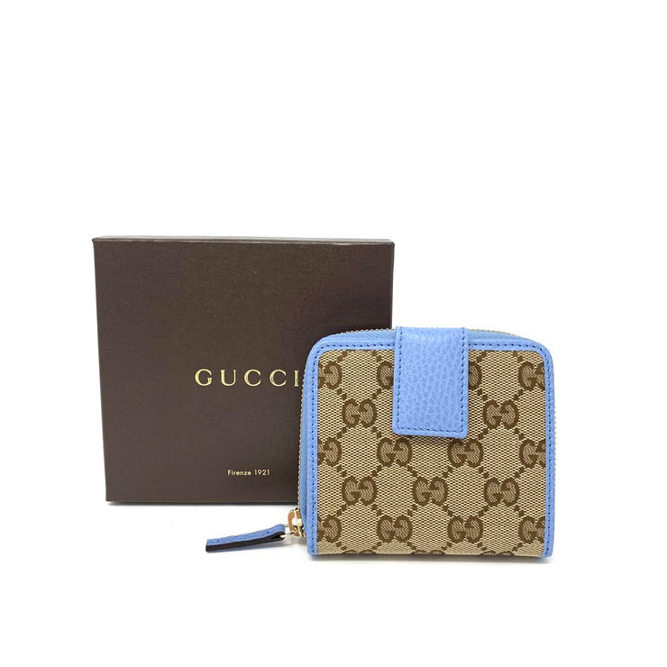 Gucci GG Canvas Compact Wallet Brown Blue Designer Consignment From Runway With Love 