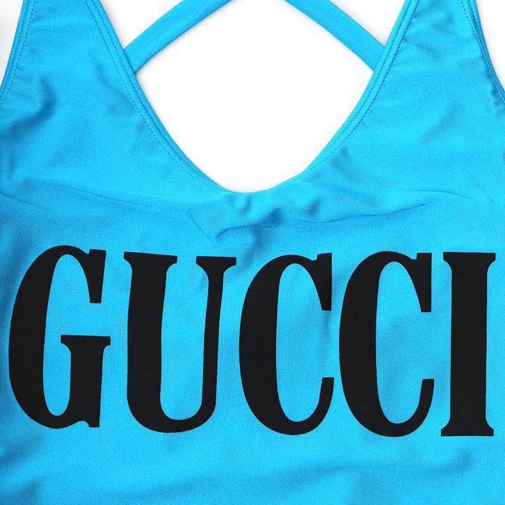 Gucci Logo Swimsuit Blue Designer Consignment From Runway With Love