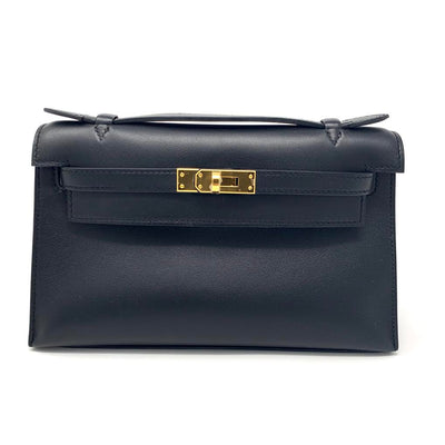 Hermes Kelly Pochette mini noir black swift leather Designer Consignment From Runway With Love