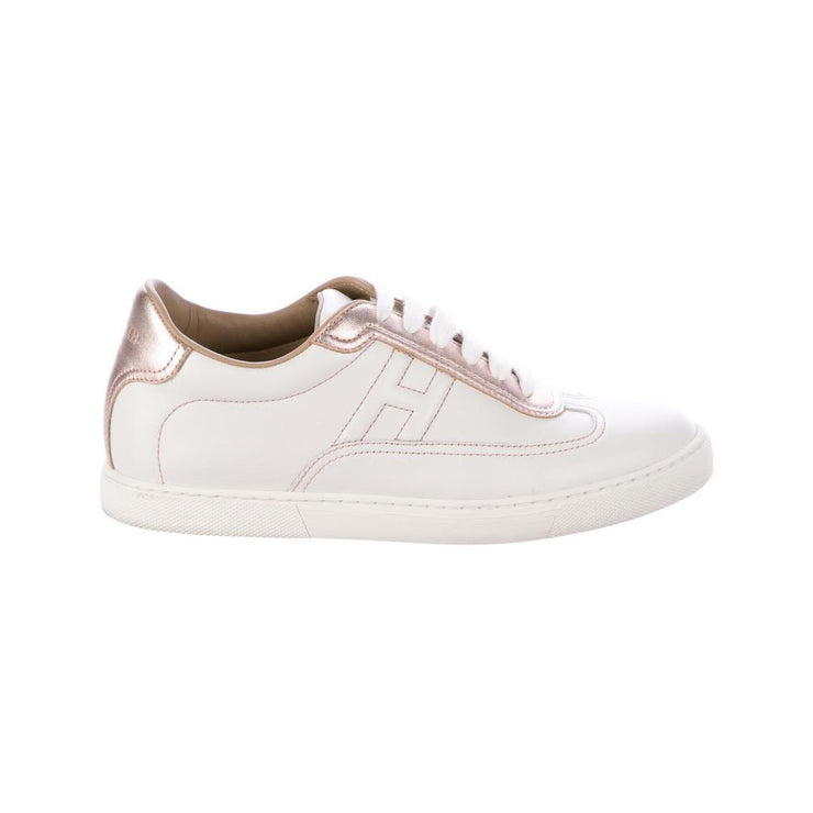Hermes Quicker Leather Sneakers White Rose Gold Designer Consignment From Runway with Love