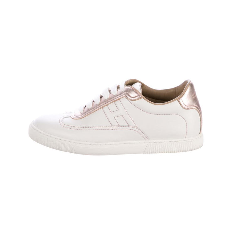 Hermes Quicker Leather Sneakers White Rose Gold Designer Consignment From Runway with Love