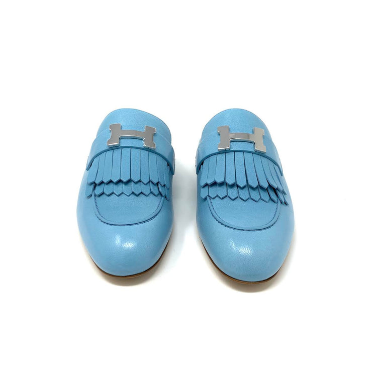 Hermes Rivoli Bleu Ciel Leather Mules Designer consignment From Runway With Love